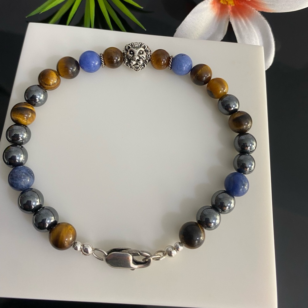Sterling Silver Tiger Eye, Hematite, Sodalite Lion Head Beads Men's Bracelet